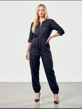 Athleta Celestial Utility Jumpsuit Black M Long Sleeve Crew Neck Tapered Leg NWT
